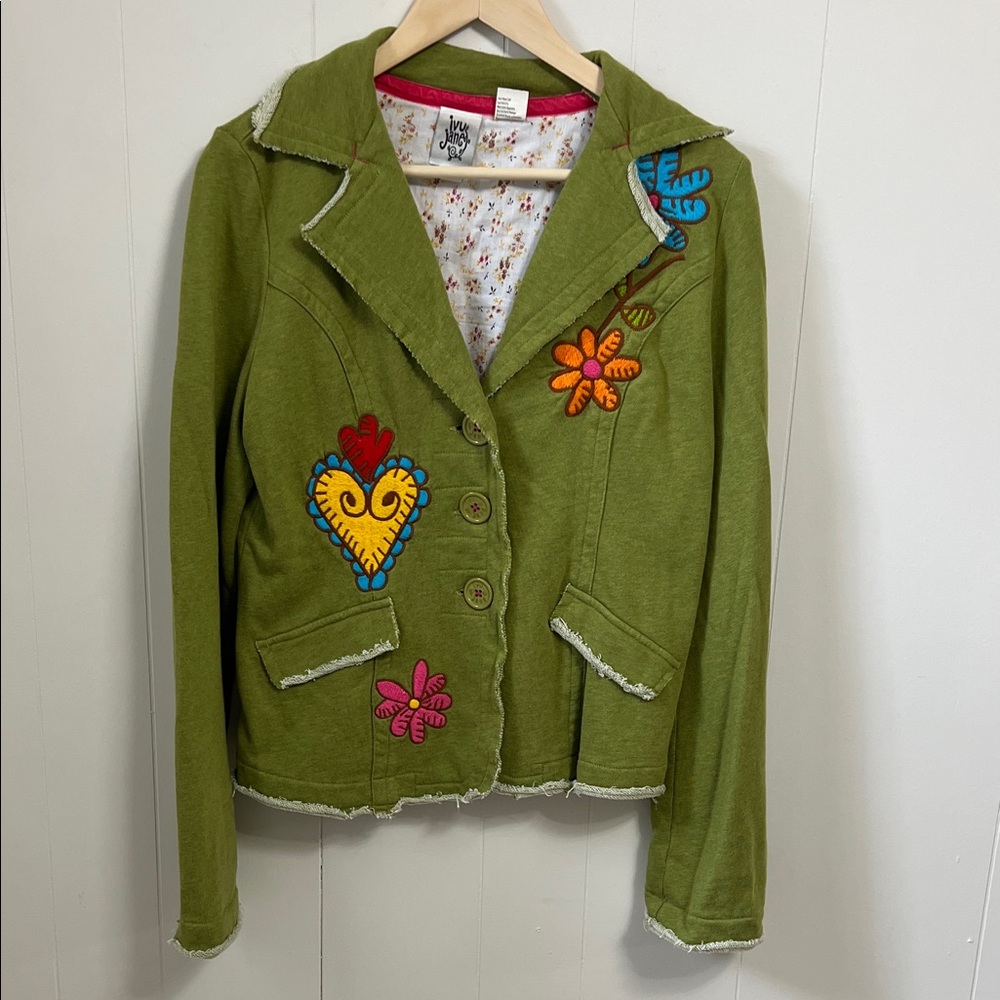 ivy jane Olive Green Embroidered Floral & Heart Blazer